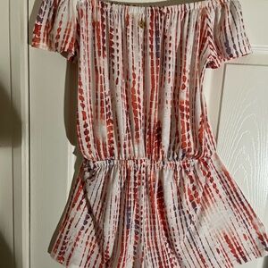 Hawaiian Tropics White Off-Shoulder Romper with Orange & Purple Dot Stripe Print
